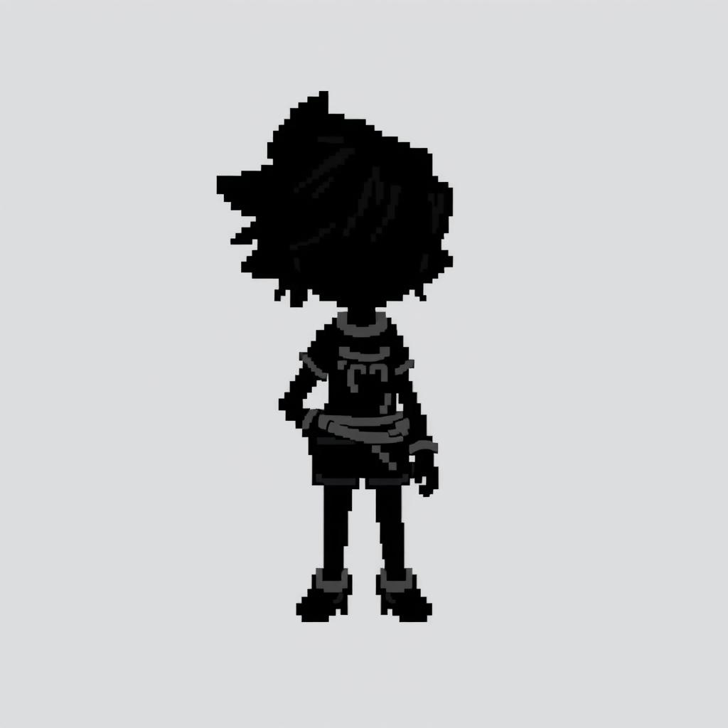 A pixelated sprite character designed for a 2D game, featuring a fully black silhouette