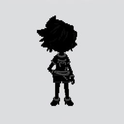 A pixelated sprite character designed for a 2D game, featuring a fully black silhouette