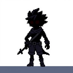 A pixelated sprite character designed for a 2D game, featuring a fully black silhouette