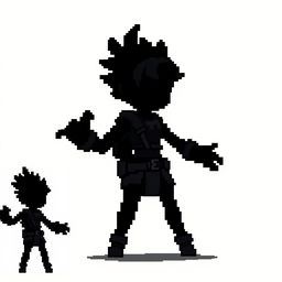 A pixelated sprite character designed for a 2D game, featuring a fully black silhouette