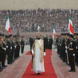 A grand ceremony with banners and flags, celebrating the monarchy's return to Iran. The Crown Prince, clad in royal attire, steps forward to greet the joyous crowd.