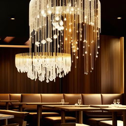 An array of interior restaurant lighting designs, incorporating chandeliers, mood lighting, wall sconces, pendant lights, and table lamps, resulting in a warm, welcoming and fashionable dining environment.