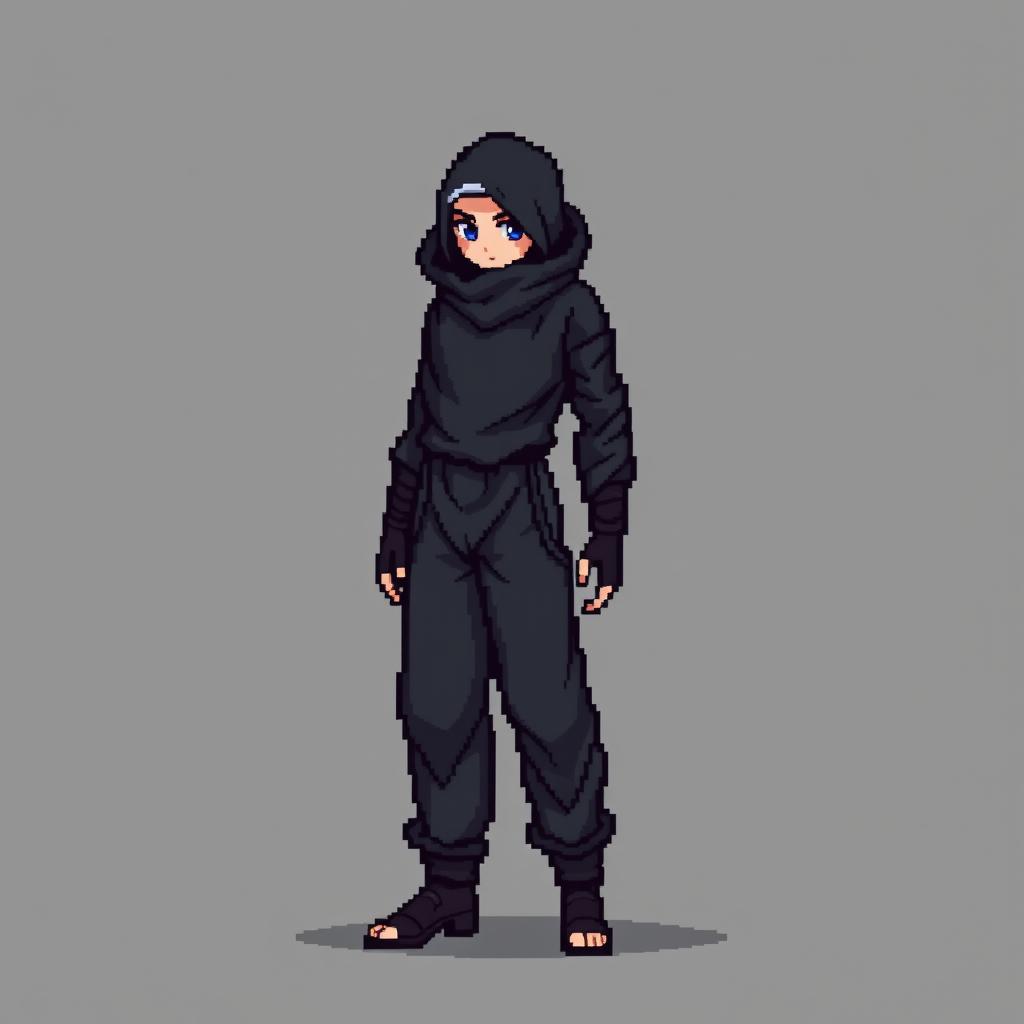 A pixel character designed for a 2D game, featuring a fully black outfit that appears more realistic