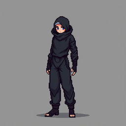 A pixel character designed for a 2D game, featuring a fully black outfit that appears more realistic