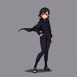 A pixel character designed for a 2D game, featuring a fully black outfit that appears more realistic