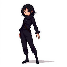 A pixel character designed for a 2D game, featuring a fully black outfit that appears more realistic