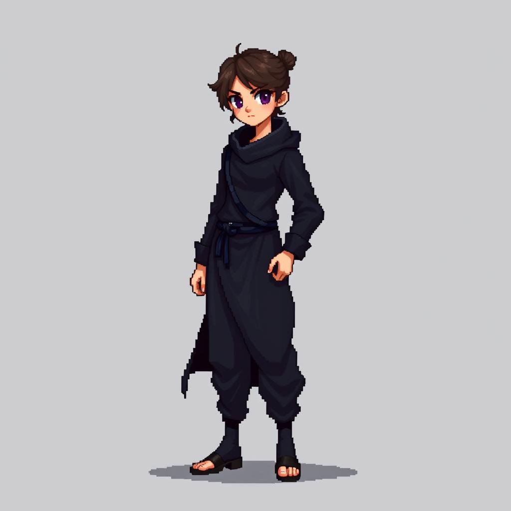 A pixel character designed for a 2D game, featuring a fully black outfit that appears more realistic