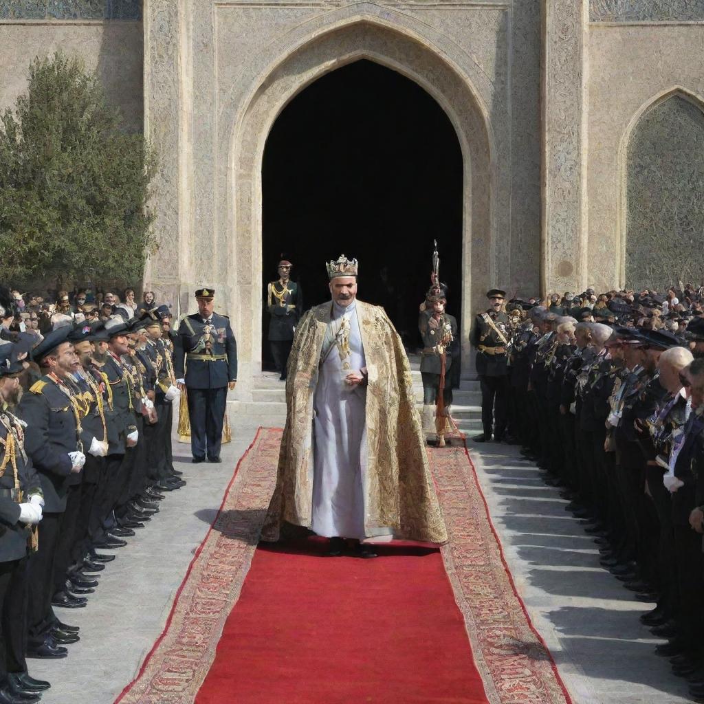 A grand ceremony with banners and flags, celebrating the monarchy's return to Iran. The Crown Prince, clad in royal attire, steps forward to greet the joyous crowd.