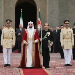 A grand ceremony with banners and flags, celebrating the monarchy's return to Iran. The Crown Prince, clad in royal attire, steps forward to greet the joyous crowd.