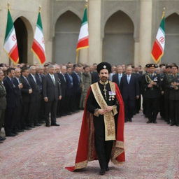 A grand ceremony with banners and flags, celebrating the monarchy's return to Iran. The Crown Prince, clad in royal attire, steps forward to greet the joyous crowd.