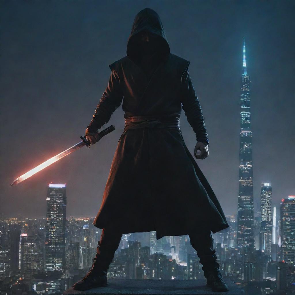 A man in a hoodie stands atop a high-rise building, battle-ready. He grips a gleaming Katana, and his summoning powers pulsate around him, lighting up the night sky in preparation for an upcoming clash.