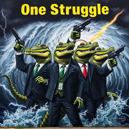 A mural featuring anthropomorphic crocodiles dressed in formal suits, standing triumphantly with guns raised in the air