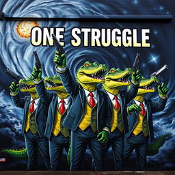 A mural featuring anthropomorphic crocodiles dressed in formal suits, standing triumphantly with guns raised in the air