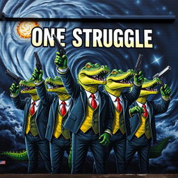 A mural featuring anthropomorphic crocodiles dressed in formal suits, standing triumphantly with guns raised in the air