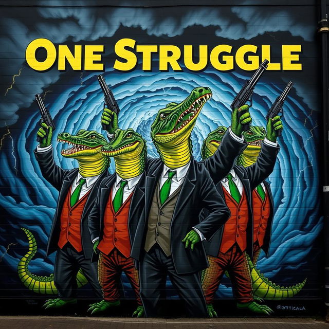 A mural featuring anthropomorphic crocodiles dressed in formal suits, standing triumphantly with guns raised in the air