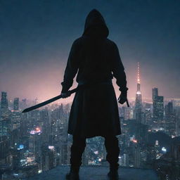 A man in a hoodie stands atop a high-rise building, battle-ready. He grips a gleaming Katana, and his summoning powers pulsate around him, lighting up the night sky in preparation for an upcoming clash.