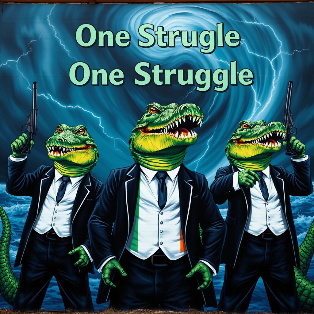 A mural featuring anthropomorphic crocodiles dressed in formal suits, standing triumphantly with guns raised in the air