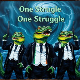 A mural featuring anthropomorphic crocodiles dressed in formal suits, standing triumphantly with guns raised in the air