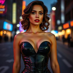 A stunningly attractive woman wearing a tight, shiny black latex corset that clings to her figure, accentuating her curves