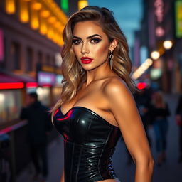 A stunningly attractive woman wearing a tight, shiny black latex corset that clings to her figure, accentuating her curves