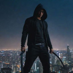 A man in a hoodie stands atop a high-rise building, battle-ready. He grips a gleaming Katana, and his summoning powers pulsate around him, lighting up the night sky in preparation for an upcoming clash.