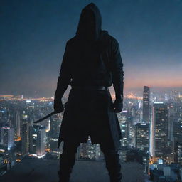 A man in a hoodie stands atop a high-rise building, battle-ready. He grips a gleaming Katana, and his summoning powers pulsate around him, lighting up the night sky in preparation for an upcoming clash.