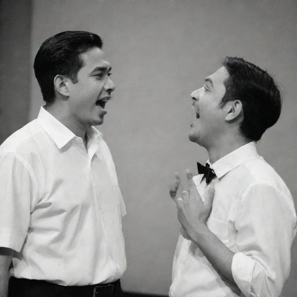 Depict Simoun and Basilio from 'El Filibusterismo' arguing. However, provide a twist to the situation as one of them is uncharacteristically laughing. Include period-appropriate Filipino attire.