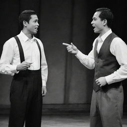 Depict Simoun and Basilio from 'El Filibusterismo' arguing. However, provide a twist to the situation as one of them is uncharacteristically laughing. Include period-appropriate Filipino attire.