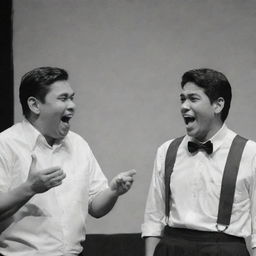 Depict Simoun and Basilio from 'El Filibusterismo' arguing. However, provide a twist to the situation as one of them is uncharacteristically laughing. Include period-appropriate Filipino attire.