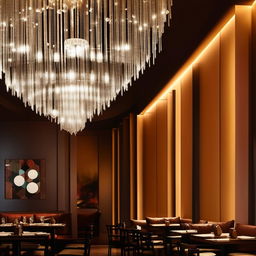 An array of interior restaurant lighting designs, incorporating chandeliers, mood lighting, wall sconces, pendant lights, and table lamps, resulting in a warm, welcoming and fashionable dining environment.