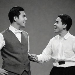 Depict Simoun and Basilio from 'El Filibusterismo' arguing. However, provide a twist to the situation as one of them is uncharacteristically laughing. Include period-appropriate Filipino attire.