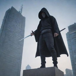 A guy cloaked in a hoodie stands atop a towering building, preparing for battle. In his hand is a shining Katana, while his other hand sparkles with the energy of summoning powers, ready to unleash monstrous allies.