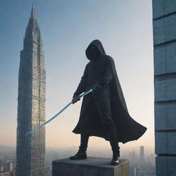 A guy cloaked in a hoodie stands atop a towering building, preparing for battle. In his hand is a shining Katana, while his other hand sparkles with the energy of summoning powers, ready to unleash monstrous allies.