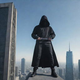 A guy cloaked in a hoodie stands atop a towering building, preparing for battle. In his hand is a shining Katana, while his other hand sparkles with the energy of summoning powers, ready to unleash monstrous allies.