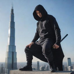 A guy cloaked in a hoodie stands atop a towering building, preparing for battle. In his hand is a shining Katana, while his other hand sparkles with the energy of summoning powers, ready to unleash monstrous allies.