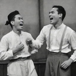 Illustrate a scene where Simoun, laughing, and Basilio, visibly angry, from 'El Filibusterismo' are in a heated argument. Make sure to feature period-appropriate Filipino attire.