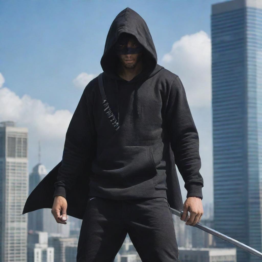 Design a character adorned in a stylish hoodie atop a high-rise building, on the brink of battle. He wields a Katana with a tenacious grip, ready to demonstrate his remarkable monster summoning capabilities.