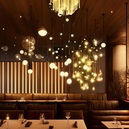 An array of interior restaurant lighting designs, incorporating chandeliers, mood lighting, wall sconces, pendant lights, and table lamps, resulting in a warm, welcoming and fashionable dining environment.