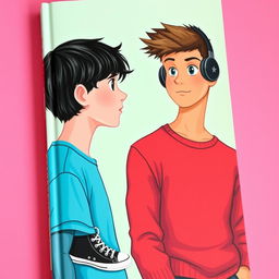 A book cover featuring a 16-year-old boy with fair skin, dark long hair, and black eyes, wearing a red sweater, black jeans, and black and white Converse shoes