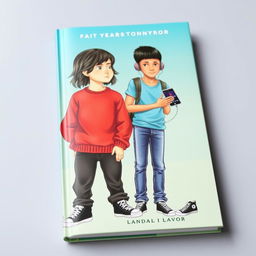 A book cover featuring a 16-year-old boy with fair skin, dark long hair, and black eyes, wearing a red sweater, black jeans, and black and white Converse shoes