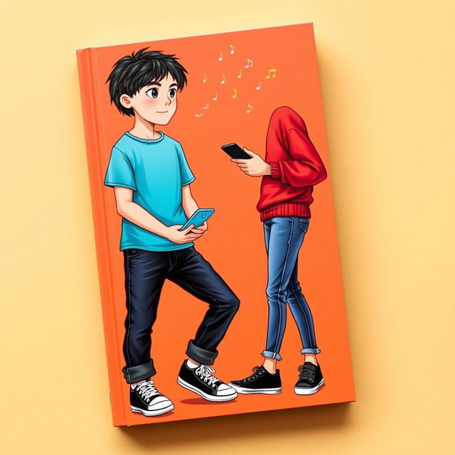 A book cover featuring a 16-year-old boy with fair skin, dark long hair, and black eyes, wearing a red sweater, black jeans, and black and white Converse shoes