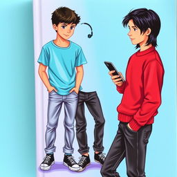 A book cover featuring a 16-year-old boy with fair skin, dark long hair, and black eyes, wearing a red sweater, black jeans, and black and white Converse shoes