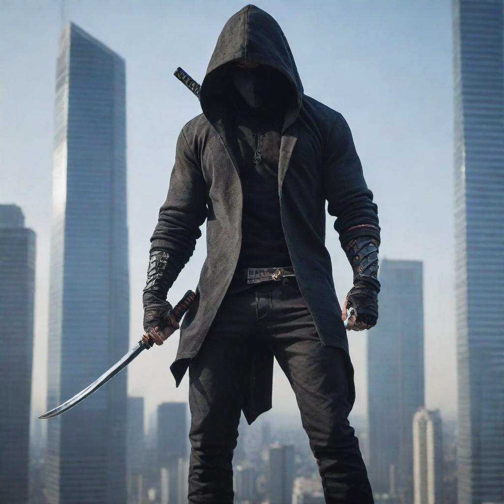 Design a character adorned in a stylish hoodie atop a high-rise building, on the brink of battle. He wields a Katana with a tenacious grip, ready to demonstrate his remarkable monster summoning capabilities.