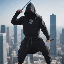 Design a character adorned in a stylish hoodie atop a high-rise building, on the brink of battle. He wields a Katana with a tenacious grip, ready to demonstrate his remarkable monster summoning capabilities.