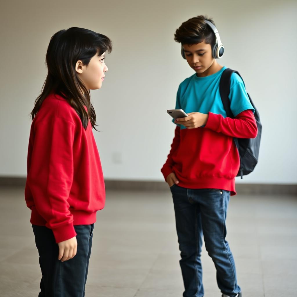 A 16-year-old boy with fair skin, long dark hair, and black eyes, wearing a red sweater, black jeans, and black and white Converse shoes