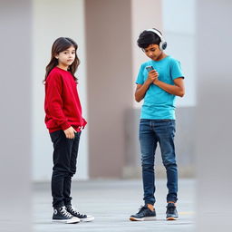 A 16-year-old boy with fair skin, long dark hair, and black eyes, wearing a red sweater, black jeans, and black and white Converse shoes