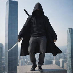 Design a character adorned in a stylish hoodie atop a high-rise building, on the brink of battle. He wields a Katana with a tenacious grip, ready to demonstrate his remarkable monster summoning capabilities.