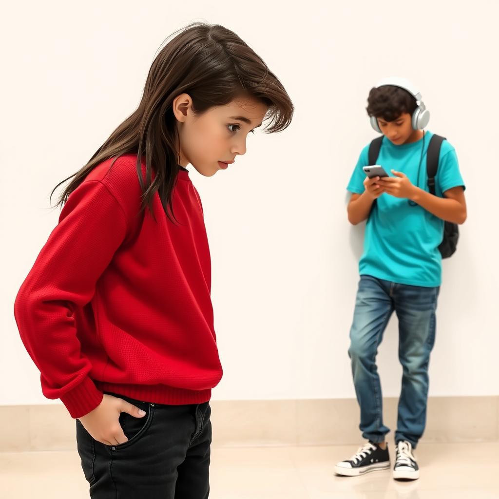 A 16-year-old boy with fair skin, long dark hair, and black eyes, wearing a red sweater, black jeans, and black and white Converse shoes