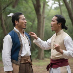 Create a scene of two male characters in Filipino colonial period attire engaged in an intense argument, with strong emotions visible on their faces.