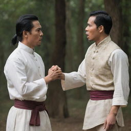 Create a scene of two male characters in Filipino colonial period attire engaged in an intense argument, with strong emotions visible on their faces.